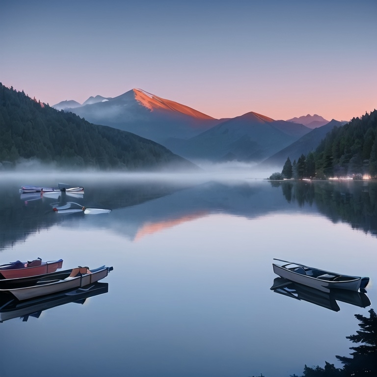 Prompt: Serene Mountain Lake at Dawn: A tranquil mountain lake surrounded by pine trees, with mist rising from the water as the first light of dawn reflects off the calm surface. Snow-capped peaks loom in the background, and a small wooden dock juts out into the lake, with a few colorful kayaks tied to it.