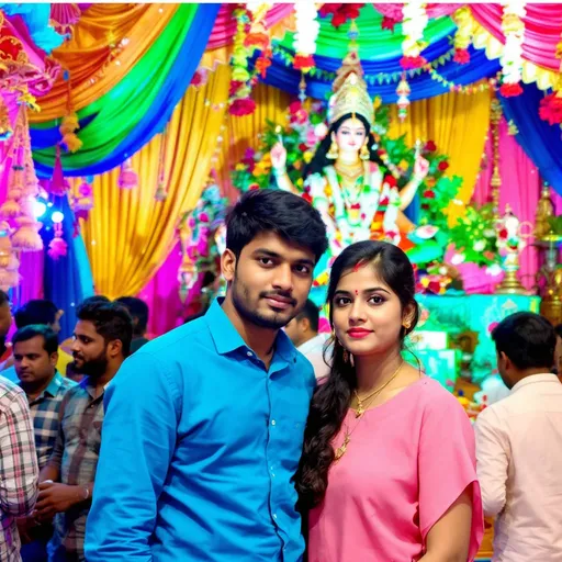 Prompt: Amidst a vibrant backdrop adorned with rich colors and festive decorations, two young individuals lean closely together, capturing a moment in front of a beautifully crafted idol of the goddess Durga. The young man, dressed in a bright blue shirt, has a composed expression, while the young woman beside him stands confidently in a pink blouse, her expression serene. The atmosphere is festive, filled with colorful drapes and intricate details, showcasing the celebration of a cultural event likely related to the worship of Durga, with elements like flowers and traditional ornaments adding to the scene’s vibrancy. Soft lighting enhances the lively colors, creating a warm, inviting ambiance that evokes a sense of community and reverence. In the background, other attendees are visible, contributing to a bustling, joyful scene filled with energy and celebration.