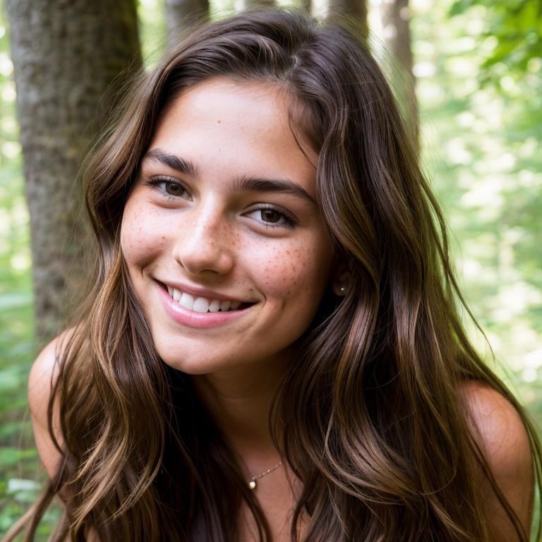 Prompt: cute smiling girl with 20 in a forest, wavy long brown hair, large chest, tanned natural blemished skin, perfect figure, perfect body, beautiful realistic smile, full body, Cute pose, cute and very attractive, beautiful, tattoo on chest, realistic, realistic face, detailed eyes, freckles, professional, expressive, Belly free, open shirt,

wonderful face, very detailed face, extremely detailed face, highly detailed face, soft smile, eye-contact, sweet smile, skin highlights, hair highlights, cleavage, perfect face, perfect eyes, perfect teeth, perfect body, perfect anatomy, beautiful body,
