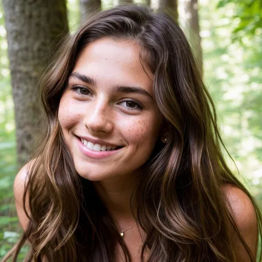 Prompt: cute smiling girl with 20 in a forest, wavy long brown hair, large chest, tanned natural blemished skin, perfect figure, perfect body, beautiful realistic smile, full body, Cute pose, cute and very attractive, beautiful, tattoo on chest, realistic, realistic face, detailed eyes, freckles, professional, expressive, Belly free, open shirt,

wonderful face, very detailed face, extremely detailed face, highly detailed face, soft smile, eye-contact, sweet smile, skin highlights, hair highlights, cleavage, perfect face, perfect eyes, perfect teeth, perfect body, perfect anatomy, beautiful body,