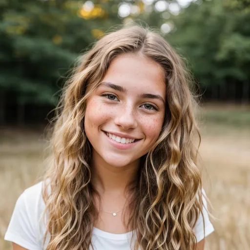 Prompt: full body, cute smiling girl with 20, very curly dark blonde long hair, freckles and natural skin