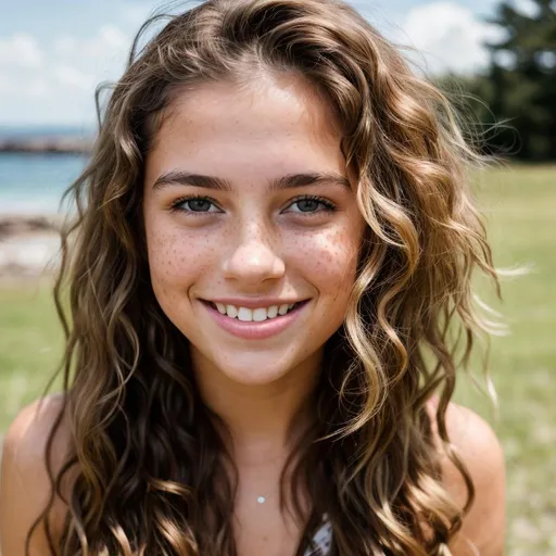Prompt: full body, cute smiling girl with 20, very curly dark blonde long hair, freckles and natural skin