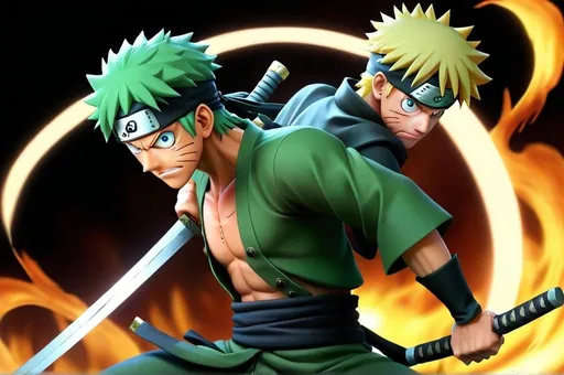 Prompt: Zoro and naruto is fusion,background lighting,sword