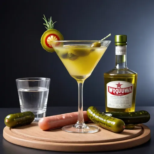 Prompt: Advertising for a cocktail with the name "wowuguwa". The liquid is clear and colourless. The cocktail is served in a fancy bar in a Martini glas. It's served with a tiny Frankfurter sausage and a pickle. Recipe is wodka, water of pickles and pickles Frankfurter sausages 