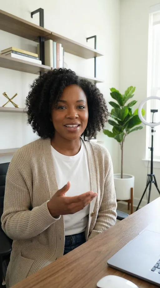 Prompt: Natalie Brooks, an African American woman in her late 30s–early 40s,
[style]: polished yet relatable UGC creator aesthetic, natural makeup, confident posture, modern casual wardrobe
[subject]: professional lifestyle content creator with a warm, trustworthy presence
[action]: speaking directly to the camera as if recommending a product or explaining a simple concept, natural hand gestures, subtle smile
[environment]: clean, modern home office or bright neutral living space with minimal decor, soft textures, and plants
[lighting]: soft natural daylight, front-facing window light, even skin tones, cinematic but realistic, no harsh shadows

Overall look: realistic, high-quality UGC video/photo, authentic, non-posed, approachable, brand-safe, social-media ready, shallow depth of field, crisp focus on face