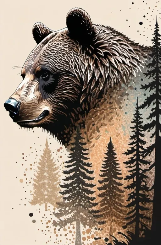 Prompt: Blend of bear face and tree silhouettes, rendered in pointillism, detailed fur and leaves, high quality, artstyle-pointillism, bear face, tree silhouettes, dot art, detailed, blend, natural tones, intricate dots, professional, atmospheric lighting