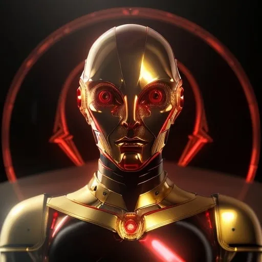 Prompt: Red masonic android male, metallic sheen, intricate gold detailing, glowing red eyes, futuristic setting, high-tech material, detailed reflection, sci-fi, professional, atmospheric lighting, high quality, futuristic, metallic, detailed design, intricate details, robotic, masonic, glowing eyes, red and gold tones, sophisticated 