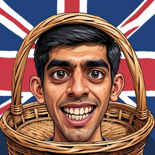 Prompt: Cartoon drawing of Rishi Sunak's decapitated head in a wicker basket, meme cartoon style, detailed facial features, macabre, dramatic lighting, vibrant colors, union jack flag as entire background, hand-drawn, childlike, cartoon, wicker basket, decapitated head, ominous, meme, vibrant, macabre, detailed facial features, dramatic lighting, hand-drawn style