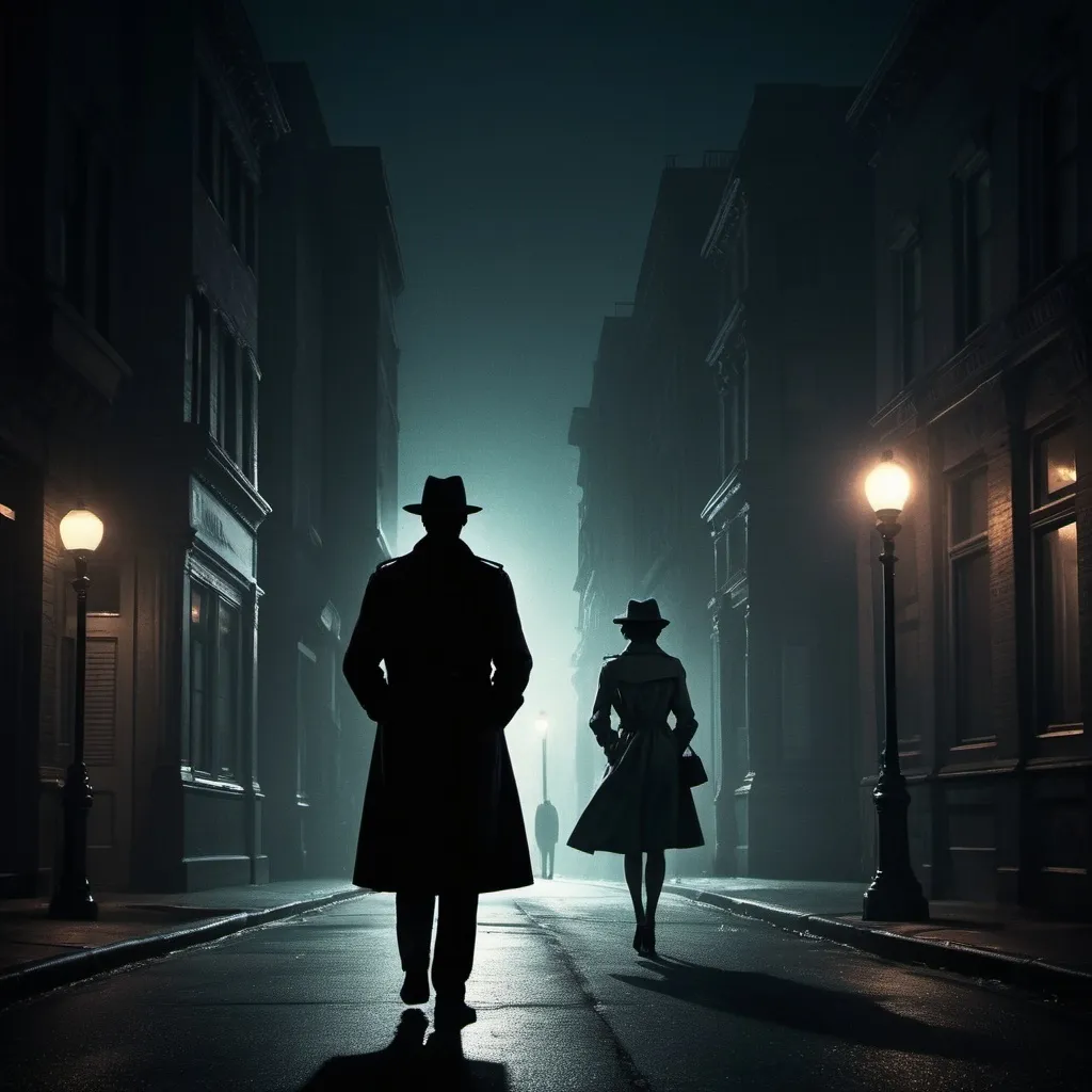 Prompt: Mysterious nighttime city scene, (dark silhouette) of a man wearing a hat and a trench coat, standing in the shadows, (watching) a woman walking down the street, dimly lit streetlights casting shadows, moody ambiance, (intricate details) in architecture, (cool tones) emphasizing mystery, stylish vintage aesthetic, high quality, ultra-detailed.