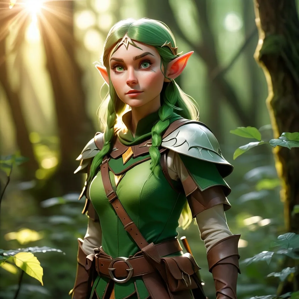 Elf ranger in a mystical forest around sunlight