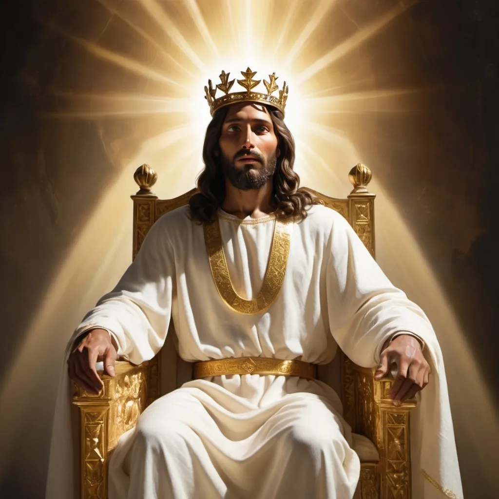 Prompt: A radiant figure of Jesus,Jews,in the 1 century,dark skinned,dark hair,crowned with a halo of light, seated at the right hand of a brilliant, golden throne. The scene emphasizes His unique status, with rays of divine light shining down on Him, symbolizing the ultimate authority and honor