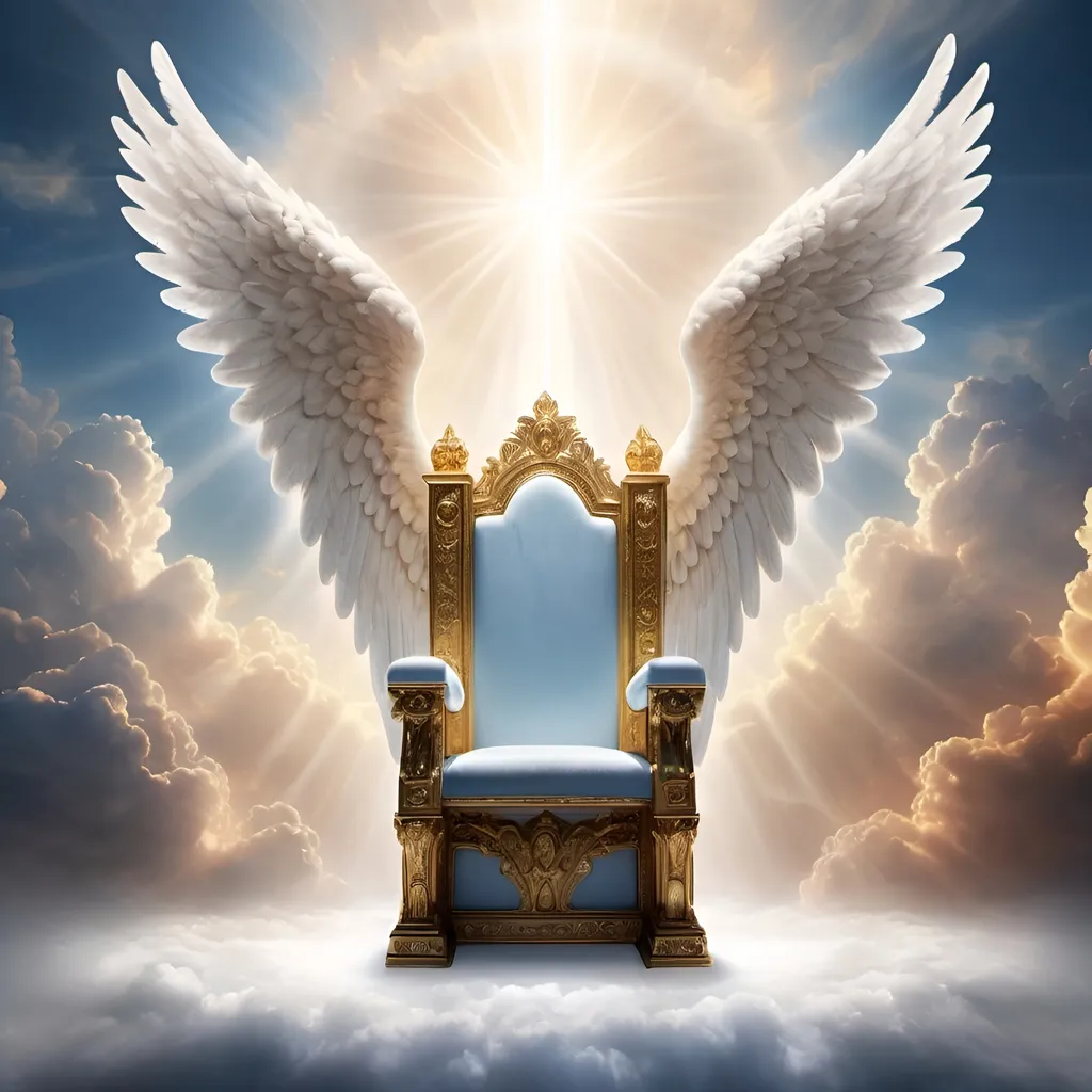 Prompt: A majestic, glowing throne in heaven,bathed in divine light, with an empty seat at God's right hand. Surrounding the throne, powerful angels stand in reverence, but none approach the seat.Surrounded by numerous,realistic angels