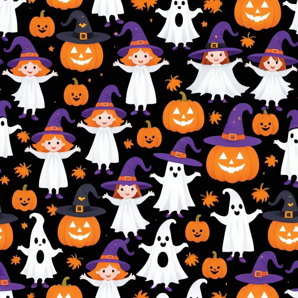 Prompt: Adorable Halloween Friends Set: Cute Kid-Friendly Witches, Pumpkins, and Ghosts