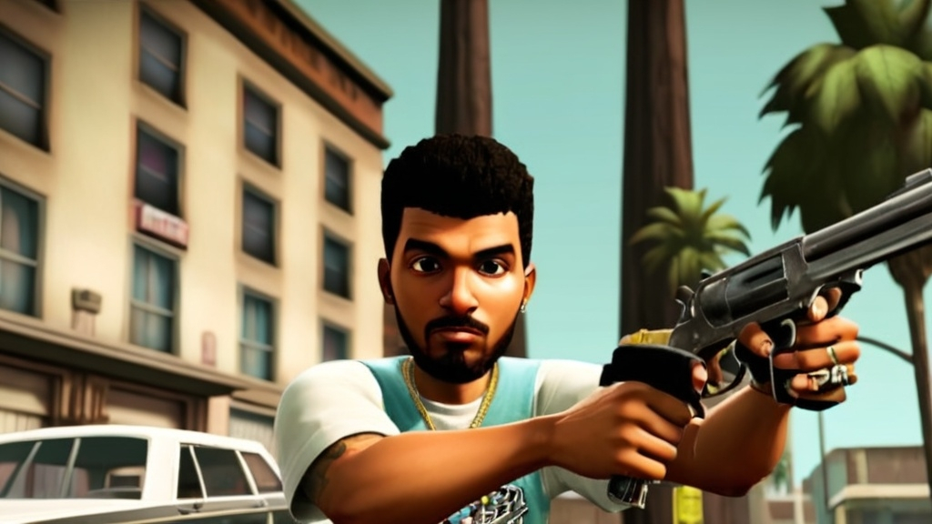 Prompt: a man holding two guns in his hands with a city of gta san Andreas, with lowrider car