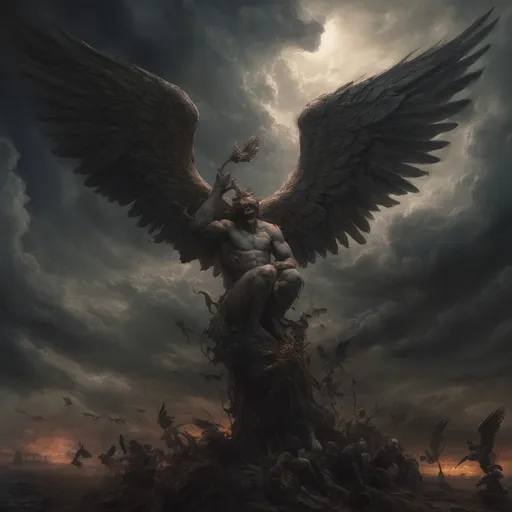 Prompt: Envision a dark vision of Heaven, where the sky churns with ominous storm clouds, casting an eerie twilight that hints at chaos rather than serenity. In this nightmarish landscape, grotesque cherubs, with bloodied wings and sinister grins, flit among twisted clouds, their tiny hands grasping at the remnants of broken halos. Terrifying versions of angels, with shadowy forms and razor-sharp feathers, loom ominously, their eyes ablaze with a malevolent light, surveying the chaos below. At the center, a nightmarish figure representing God, shrouded in darkness, exudes an unsettling aura, commanding the fray with a blood-red glow. Dark, surreal hues of crimson and violet dominate the scene, creating a disorienting effect, as jagged rocks and shattered clouds spiral into a chaotic abyss. This scene should embody a dark fantasy concept art style, evoking fear and unease.