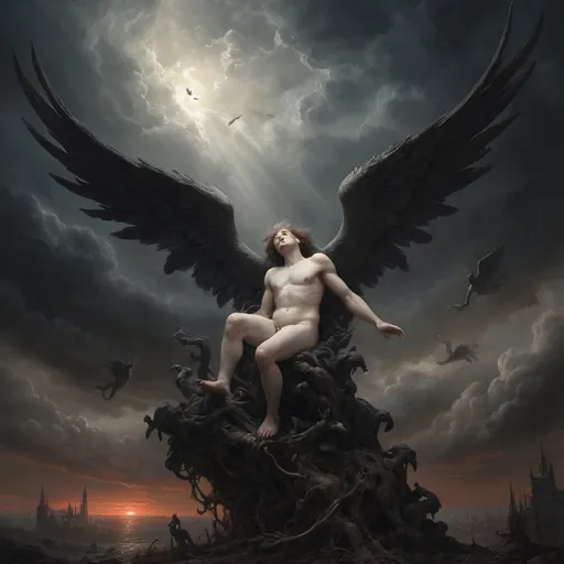 Prompt: Envision a dark vision of Heaven, where the sky churns with ominous storm clouds, casting an eerie twilight that hints at chaos rather than serenity. In this nightmarish landscape, grotesque cherubs, with bloodied wings and sinister grins, flit among twisted clouds, their tiny hands grasping at the remnants of broken halos. Terrifying versions of angels, with shadowy forms and razor-sharp feathers, loom ominously, their eyes ablaze with a malevolent light, surveying the chaos below. At the center, a nightmarish figure representing God, shrouded in darkness, exudes an unsettling aura, commanding the fray with a blood-red glow. Dark, surreal hues of crimson and violet dominate the scene, creating a disorienting effect, as jagged rocks and shattered clouds spiral into a chaotic abyss. This scene should embody a dark fantasy concept art style, evoking fear and unease.