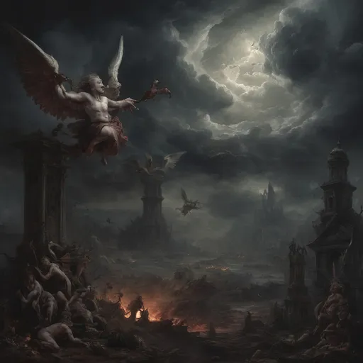 Prompt: Envision a dark vision of Heaven, where the sky churns with ominous storm clouds, casting an eerie twilight that hints at chaos rather than serenity. In this nightmarish landscape, grotesque cherubs, with bloodied wings and sinister grins, flit among twisted clouds, their tiny hands grasping at the remnants of broken halos. Terrifying versions of angels, with shadowy forms and razor-sharp feathers, loom ominously, their eyes ablaze with a malevolent light, surveying the chaos below. At the center, a nightmarish figure representing God, shrouded in darkness, exudes an unsettling aura, commanding the fray with a blood-red glow. Dark, surreal hues of crimson and violet dominate the scene, creating a disorienting effect, as jagged rocks and shattered clouds spiral into a chaotic abyss. This scene should embody a dark fantasy concept art style, evoking fear and unease.