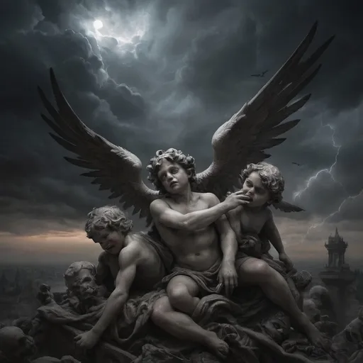 Prompt: Envision a dark vision of Heaven, where the sky churns with ominous storm clouds, casting an eerie twilight that hints at chaos rather than serenity. In this nightmarish landscape, grotesque cherubs, with bloodied wings and sinister grins, flit among twisted clouds, their tiny hands grasping at the remnants of broken halos. Terrifying versions of angels, with shadowy forms and razor-sharp feathers, loom ominously, their eyes ablaze with a malevolent light, surveying the chaos below. At the center, a nightmarish figure representing God, shrouded in darkness, exudes an unsettling aura, commanding the fray with a blood-red glow. Dark, surreal hues of crimson and violet dominate the scene, creating a disorienting effect, as jagged rocks and shattered clouds spiral into a chaotic abyss. This scene should embody a dark fantasy concept art style, evoking fear and unease.