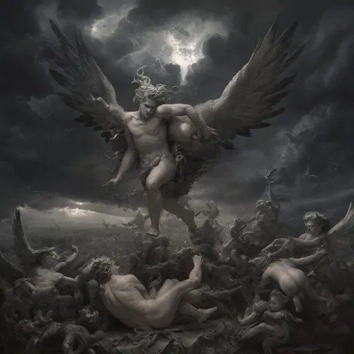 Prompt: Envision a dark vision of Heaven, where the sky churns with ominous storm clouds, casting an eerie twilight that hints at chaos rather than serenity. In this nightmarish landscape, grotesque cherubs, with bloodied wings and sinister grins, flit among twisted clouds, their tiny hands grasping at the remnants of broken halos. Terrifying versions of angels, with shadowy forms and razor-sharp feathers, loom ominously, their eyes ablaze with a malevolent light, surveying the chaos below. At the center, a nightmarish figure representing God, shrouded in darkness, exudes an unsettling aura, commanding the fray with a blood-red glow. Dark, surreal hues of crimson and violet dominate the scene, creating a disorienting effect, as jagged rocks and shattered clouds spiral into a chaotic abyss. This scene should embody a dark fantasy concept art style, evoking fear and unease.