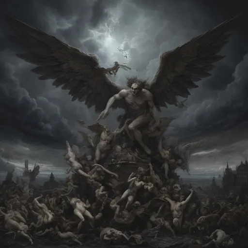 Prompt: Envision a dark vision of Heaven, where the sky churns with ominous storm clouds, casting an eerie twilight that hints at chaos rather than serenity. In this nightmarish landscape, grotesque cherubs, with bloodied wings and sinister grins, flit among twisted clouds, their tiny hands grasping at the remnants of broken halos. Terrifying versions of angels, with shadowy forms and razor-sharp feathers, loom ominously, their eyes ablaze with a malevolent light, surveying the chaos below. At the center, a nightmarish figure representing God, shrouded in darkness, exudes an unsettling aura, commanding the fray with a blood-red glow. Dark, surreal hues of crimson and violet dominate the scene, creating a disorienting effect, as jagged rocks and shattered clouds spiral into a chaotic abyss. This scene should embody a dark fantasy concept art style, evoking fear and unease.
