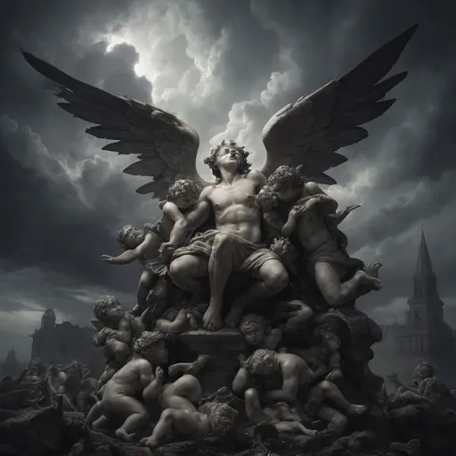 Prompt: Envision a dark vision of Heaven, where the sky churns with ominous storm clouds, casting an eerie twilight that hints at chaos rather than serenity. In this nightmarish landscape, grotesque cherubs, with bloodied wings and sinister grins, flit among twisted clouds, their tiny hands grasping at the remnants of broken halos. Terrifying versions of angels, with shadowy forms and razor-sharp feathers, loom ominously, their eyes ablaze with a malevolent light, surveying the chaos below. At the center, a nightmarish figure representing God, shrouded in darkness, exudes an unsettling aura, commanding the fray with a blood-red glow. Dark, surreal hues of crimson and violet dominate the scene, creating a disorienting effect, as jagged rocks and shattered clouds spiral into a chaotic abyss. This scene should embody a dark fantasy concept art style, evoking fear and unease.