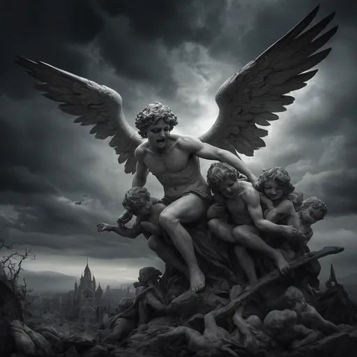 Prompt: Envision a dark vision of Heaven, where the sky churns with ominous storm clouds, casting an eerie twilight that hints at chaos rather than serenity. In this nightmarish landscape, grotesque cherubs, with bloodied wings and sinister grins, flit among twisted clouds, their tiny hands grasping at the remnants of broken halos. Terrifying versions of angels, with shadowy forms and razor-sharp feathers, loom ominously, their eyes ablaze with a malevolent light, surveying the chaos below. At the center, a nightmarish figure representing God, shrouded in darkness, exudes an unsettling aura, commanding the fray with a blood-red glow. Dark, surreal hues of crimson and violet dominate the scene, creating a disorienting effect, as jagged rocks and shattered clouds spiral into a chaotic abyss. This scene should embody a dark fantasy concept art style, evoking fear and unease.