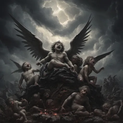 Prompt: Envision a dark vision of Heaven, where the sky churns with ominous storm clouds, casting an eerie twilight that hints at chaos rather than serenity. In this nightmarish landscape, grotesque cherubs, with bloodied wings and sinister grins, flit among twisted clouds, their tiny hands grasping at the remnants of broken halos. Terrifying versions of angels, with shadowy forms and razor-sharp feathers, loom ominously, their eyes ablaze with a malevolent light, surveying the chaos below. At the center, a nightmarish figure representing God, shrouded in darkness, exudes an unsettling aura, commanding the fray with a blood-red glow. Dark, surreal hues of crimson and violet dominate the scene, creating a disorienting effect, as jagged rocks and shattered clouds spiral into a chaotic abyss. This scene should embody a dark fantasy concept art style, evoking fear and unease.