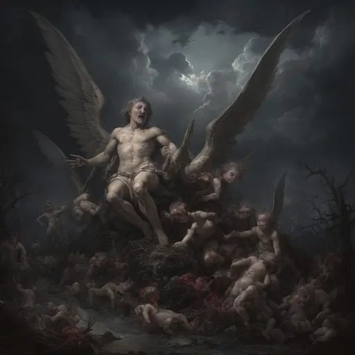 Prompt: Envision a dark vision of Heaven, where the sky churns with ominous storm clouds, casting an eerie twilight that hints at chaos rather than serenity. In this nightmarish landscape, grotesque cherubs, with bloodied wings and sinister grins, flit among twisted clouds, their tiny hands grasping at the remnants of broken halos. Terrifying versions of angels, with shadowy forms and razor-sharp feathers, loom ominously, their eyes ablaze with a malevolent light, surveying the chaos below. At the center, a nightmarish figure representing God, shrouded in darkness, exudes an unsettling aura, commanding the fray with a blood-red glow. Dark, surreal hues of crimson and violet dominate the scene, creating a disorienting effect, as jagged rocks and shattered clouds spiral into a chaotic abyss. This scene should embody a dark fantasy concept art style, evoking fear and unease.