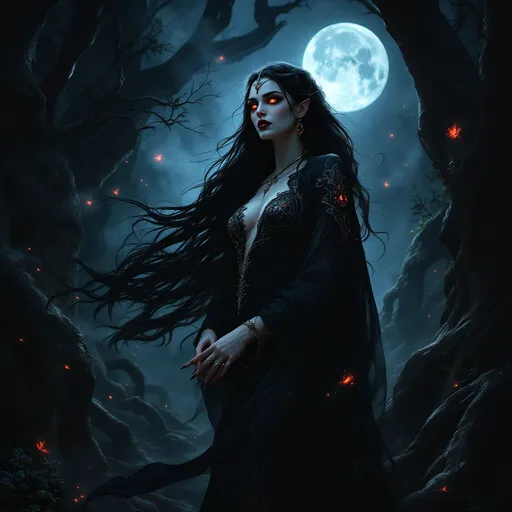 Prompt: Envision Lilith, the enchanting queen of vampires, standing tall in a shadowy, moonlit forest clearing. Her long, dark hair cascades like a silken waterfall over her shoulders, shimmering with hints of crimson in the ethereal light. Dressed in a flowing gown of deep black, adorned with intricate patterns that seem to pulse like the heart of the night itself, she exudes both allure and danger. Her piercing gaze, a mesmerizing blend of amber and onyx, captivates all who dare to look into her eyes, revealing ancient wisdom and a hint of wickedness. Surrounding her, mist coils around gnarled roots, illuminated by the soft glow of floating wisps. The atmosphere is thick with tension, whispering secrets of her dark power, inviting you into a world where seduction and fear intertwine. This scene comes alive in vivid, dark fantasy concept art, rich with detail and emotion.