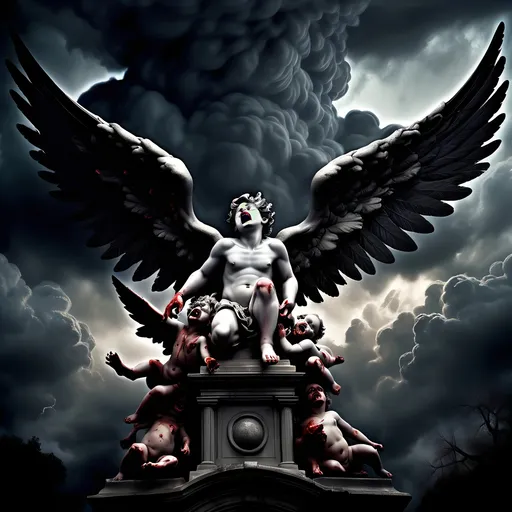 Prompt: Envision a dark vision of Heaven, where the sky churns with ominous storm clouds, casting an eerie twilight that hints at chaos rather than serenity. In this nightmarish landscape, grotesque cherubs, with bloodied wings and sinister grins, flit among twisted clouds, their tiny hands grasping at the remnants of broken halos. Terrifying versions of angels, with shadowy forms and razor-sharp feathers, loom ominously, their eyes ablaze with a malevolent light, surveying the chaos below. At the center, a nightmarish figure representing God, shrouded in darkness, exudes an unsettling aura, commanding the fray with a blood-red glow. Dark, surreal hues of crimson and violet dominate the scene, creating a disorienting effect, as jagged rocks and shattered clouds spiral into a chaotic abyss. This scene should embody a dark fantasy concept art style, evoking fear and unease.