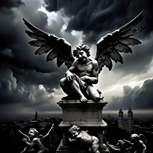 Prompt: Envision a dark vision of Heaven, where the sky churns with ominous storm clouds, casting an eerie twilight that hints at chaos rather than serenity. In this nightmarish landscape, grotesque cherubs, with bloodied wings and sinister grins, flit among twisted clouds, their tiny hands grasping at the remnants of broken halos. Terrifying versions of angels, with shadowy forms and razor-sharp feathers, loom ominously, their eyes ablaze with a malevolent light, surveying the chaos below. At the center, a nightmarish figure representing God, shrouded in darkness, exudes an unsettling aura, commanding the fray with a blood-red glow. Dark, surreal hues of crimson and violet dominate the scene, creating a disorienting effect, as jagged rocks and shattered clouds spiral into a chaotic abyss. This scene should embody a dark fantasy concept art style, evoking fear and unease.