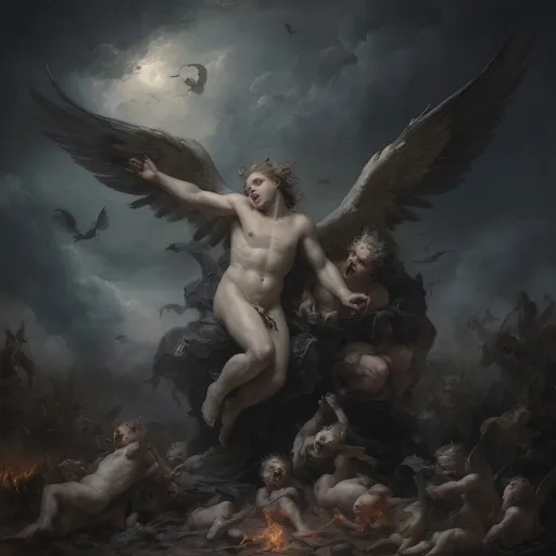 Prompt: Envision a dark vision of Heaven, where the sky churns with ominous storm clouds, casting an eerie twilight that hints at chaos rather than serenity. In this nightmarish landscape, grotesque cherubs, with bloodied wings and sinister grins, flit among twisted clouds, their tiny hands grasping at the remnants of broken halos. Terrifying versions of angels, with shadowy forms and razor-sharp feathers, loom ominously, their eyes ablaze with a malevolent light, surveying the chaos below. At the center, a nightmarish figure representing God, shrouded in darkness, exudes an unsettling aura, commanding the fray with a blood-red glow. Dark, surreal hues of crimson and violet dominate the scene, creating a disorienting effect, as jagged rocks and shattered clouds spiral into a chaotic abyss. This scene should embody a dark fantasy concept art style, evoking fear and unease.