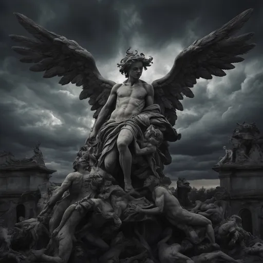 Prompt: Envision a dark vision of Heaven, where the sky churns with ominous storm clouds, casting an eerie twilight that hints at chaos rather than serenity. In this nightmarish landscape, grotesque cherubs, with bloodied wings and sinister grins, flit among twisted clouds, their tiny hands grasping at the remnants of broken halos. Terrifying versions of angels, with shadowy forms and razor-sharp feathers, loom ominously, their eyes ablaze with a malevolent light, surveying the chaos below. At the center, a nightmarish figure representing God, shrouded in darkness, exudes an unsettling aura, commanding the fray with a blood-red glow. Dark, surreal hues of crimson and violet dominate the scene, creating a disorienting effect, as jagged rocks and shattered clouds spiral into a chaotic abyss. This scene should embody a dark fantasy concept art style, evoking fear and unease.