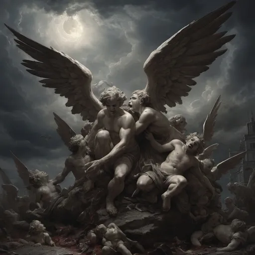 Prompt: Envision a dark vision of Heaven, where the sky churns with ominous storm clouds, casting an eerie twilight that hints at chaos rather than serenity. In this nightmarish landscape, grotesque cherubs, with bloodied wings and sinister grins, flit among twisted clouds, their tiny hands grasping at the remnants of broken halos. Terrifying versions of angels, with shadowy forms and razor-sharp feathers, loom ominously, their eyes ablaze with a malevolent light, surveying the chaos below. At the center, a nightmarish figure representing God, shrouded in darkness, exudes an unsettling aura, commanding the fray with a blood-red glow. Dark, surreal hues of crimson and violet dominate the scene, creating a disorienting effect, as jagged rocks and shattered clouds spiral into a chaotic abyss. This scene should embody a dark fantasy concept art style, evoking fear and unease.
