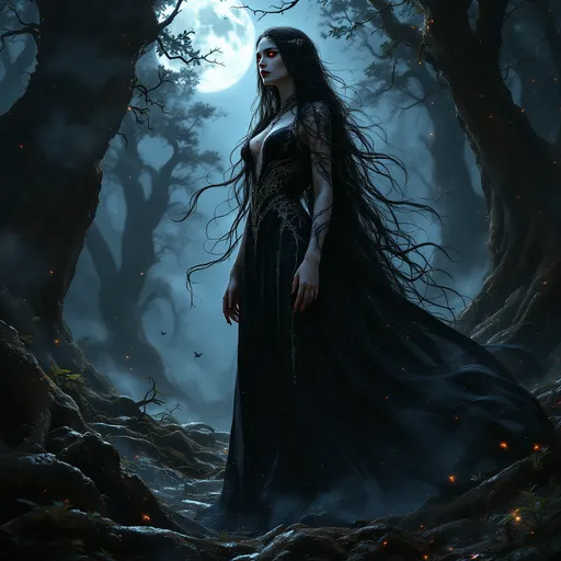 Prompt: Envision Lilith, the enchanting queen of vampires, standing tall in a shadowy, moonlit forest clearing. Her long, dark hair cascades like a silken waterfall over her shoulders, shimmering with hints of crimson in the ethereal light. Dressed in a flowing gown of deep black, adorned with intricate patterns that seem to pulse like the heart of the night itself, she exudes both allure and danger. Her piercing gaze, a mesmerizing blend of amber and onyx, captivates all who dare to look into her eyes, revealing ancient wisdom and a hint of wickedness. Surrounding her, mist coils around gnarled roots, illuminated by the soft glow of floating wisps. The atmosphere is thick with tension, whispering secrets of her dark power, inviting you into a world where seduction and fear intertwine. This scene comes alive in vivid, dark fantasy concept art, rich with detail and emotion.