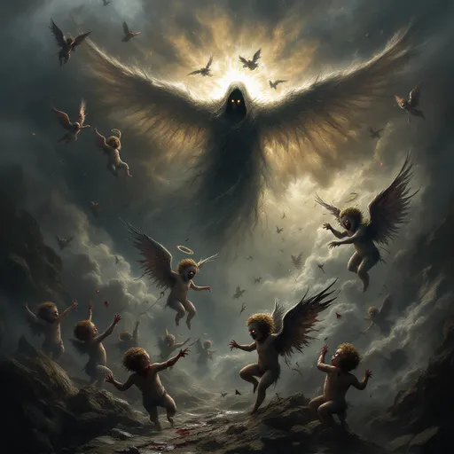Prompt: Envision a dark vision of Heaven, where the sky churns with ominous storm clouds, casting an eerie twilight that hints at chaos rather than serenity. In this nightmarish landscape, grotesque cherubs, with bloodied wings and sinister grins, flit among twisted clouds, their tiny hands grasping at the remnants of broken halos. Terrifying versions of angels, with shadowy forms and razor-sharp feathers, loom ominously, their eyes ablaze with a malevolent light, surveying the chaos below. At the center, a nightmarish figure representing God, shrouded in darkness, exudes an unsettling aura, commanding the fray with a blood-red glow. Dark, surreal hues of crimson and violet dominate the scene, creating a disorienting effect, as jagged rocks and shattered clouds spiral into a chaotic abyss. This scene should embody a dark fantasy concept art style, evoking fear and unease.