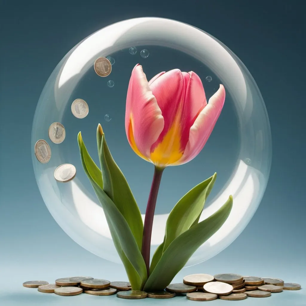 Prompt: a tulip flower inside a bubble flying with money to represent tulip mania economic bubble
