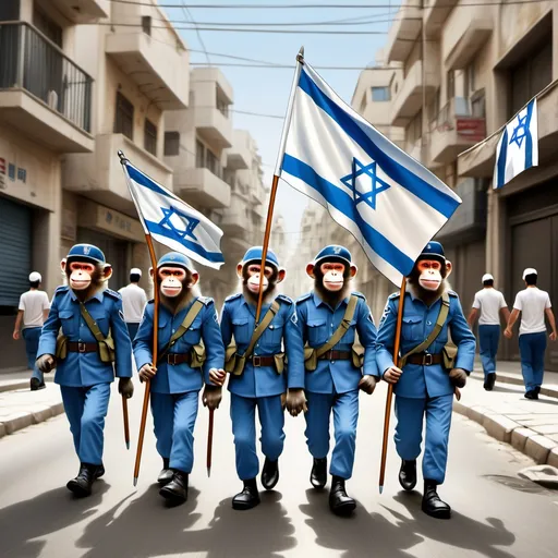 Prompt: A picture of a country with the flag of Israel is happy people walking down the street with pencil-colored monkey-style soldiers