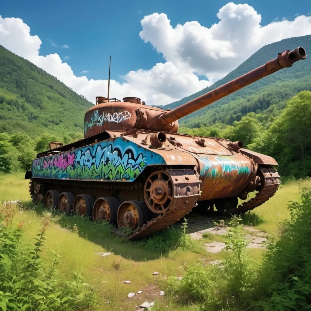 Prompt: Abandoned rusty tank with graffiti in forest, vegetation taking over the tank, mountainous landscape with blue skies and some fluffy white clouds