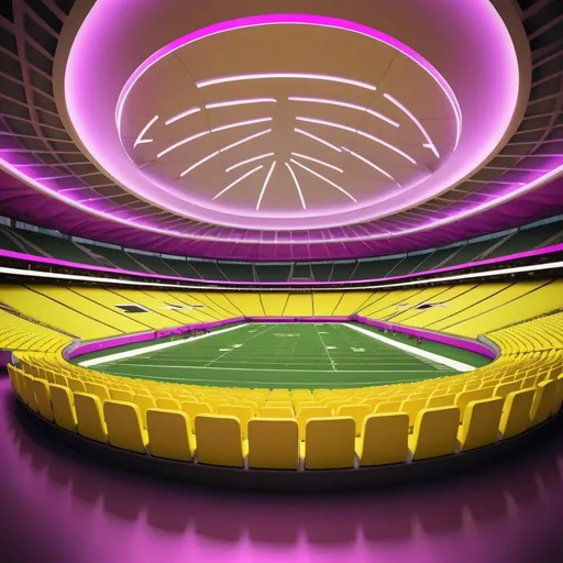 Prompt: T-Mobile Dome football stadium in Cupertino, California, humps in upper deck on sidelines, yellow and lime seats, high quality, 3D rendering, futuristic architecture, bright and vibrant color tones, dynamic lighting