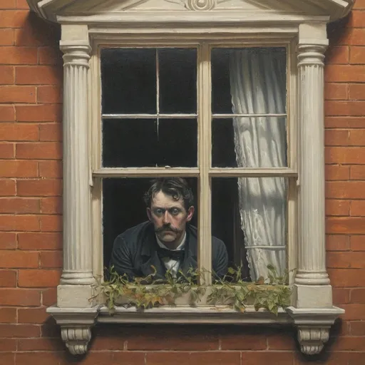 Prompt: painting of a man lurking through a window in a victorian house