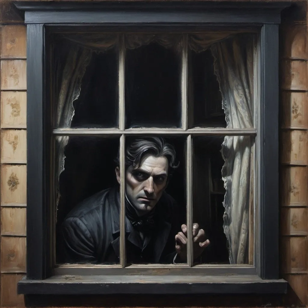 Prompt: dark art painting of a man lurking through a window in a victorian house