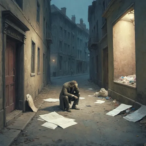 Prompt: sadness haunting a lonely man in a narrow dark street with old buildings. There are also papers on the street, trash, and broken cars