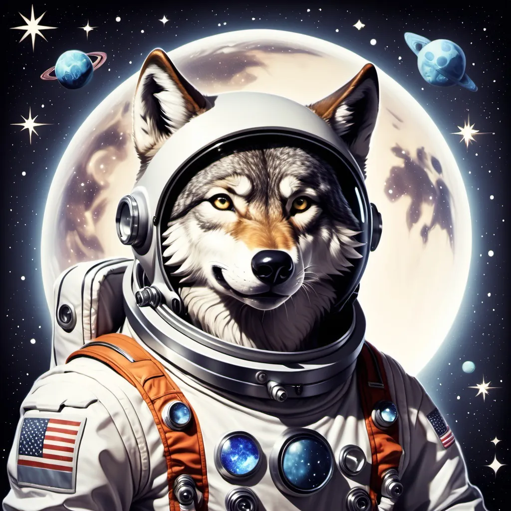 Prompt: Space, anthropomorphic wolf, Space suit, stars.