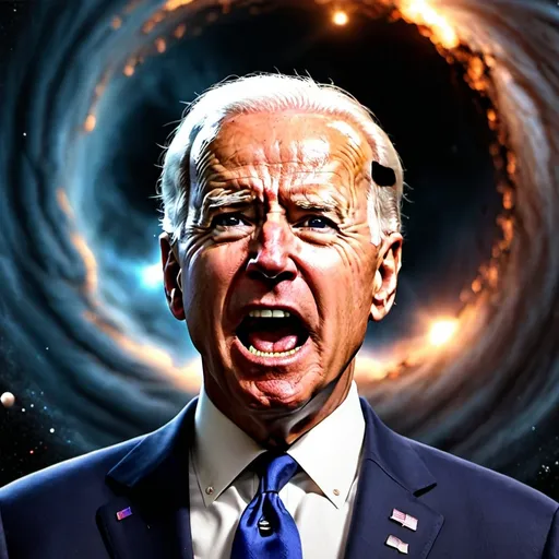 Prompt: Joe Biden is screaming while his body is circling the center of a massive black hole in outer space, as he slowly disintegrates.