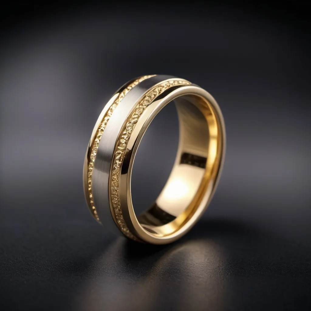 Prompt: a ring inlaid with stripes of 14k gold and sterling silver