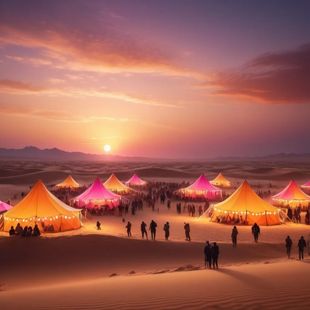 Prompt: Create an image of a  Festival in the Desert with pink and orange in the sky befour the sun sets