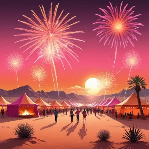 Prompt: Create an image of a  Festival in the Desert with pink and orange in the sky befour the sun sets and fireworks in the background