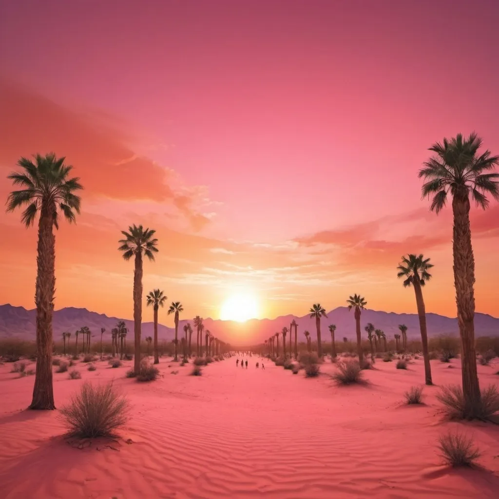 Prompt: Create an image of a  Festival in the Desert with pink and orange in the sky befour the sun sets