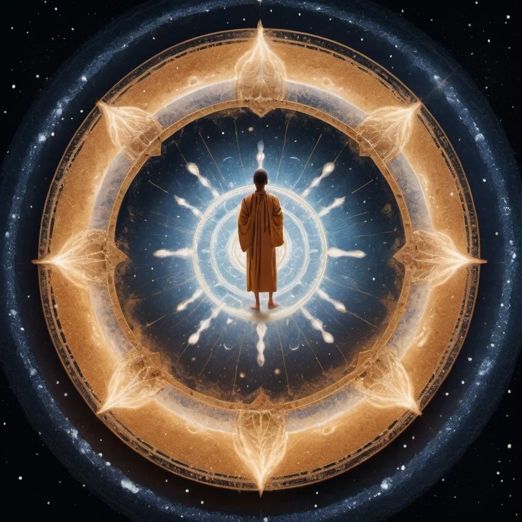 Prompt: A magical unfolds in space. A figure in flowing ceremonial robes stands at the center of an intricately drawn salt circle, their hands gracefully scattering salt into space. The salt sparkles as it flys away,  which flicker gently, casting a golden glow. The setting is space, with symbols of protection hovoring in space, adding a sense of deep reverence and spiritual serenity to the scene. veiw from above